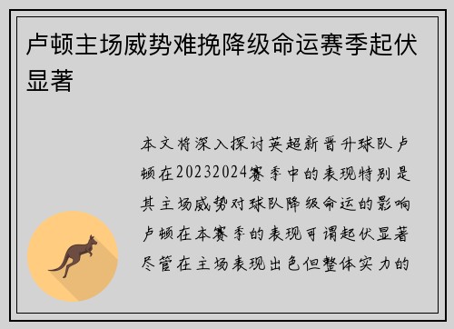卢顿主场威势难挽降级命运赛季起伏显著
