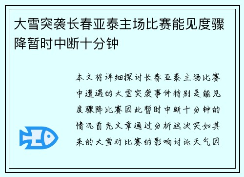 大雪突袭长春亚泰主场比赛能见度骤降暂时中断十分钟