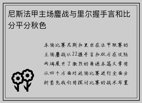 尼斯法甲主场鏖战与里尔握手言和比分平分秋色