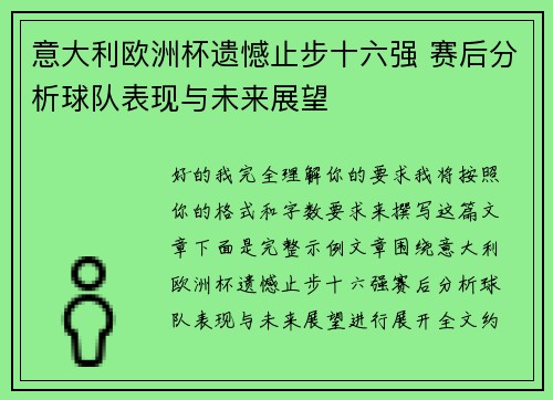 意大利欧洲杯遗憾止步十六强 赛后分析球队表现与未来展望